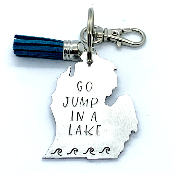 Key Chain - Michigan Shape - Go Jump In A Lake