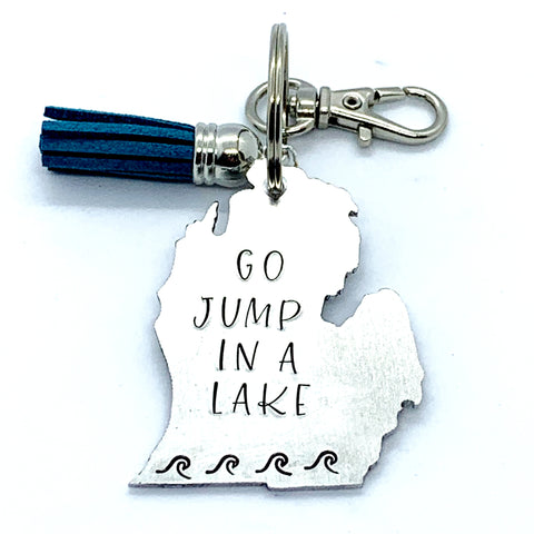Key Chain - Michigan Shape - Go Jump In A Lake