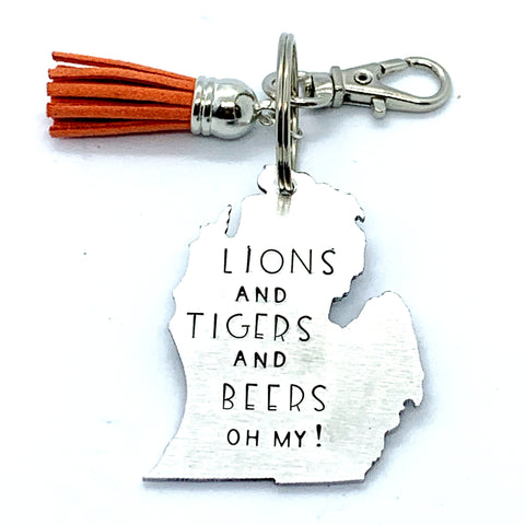 Key Chain - Michigan Shape - Lions And Tigers And Beers Oh My!