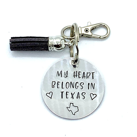 Custom Key Chain with Tassel - Circle - My Heart belongs in "pick a state"