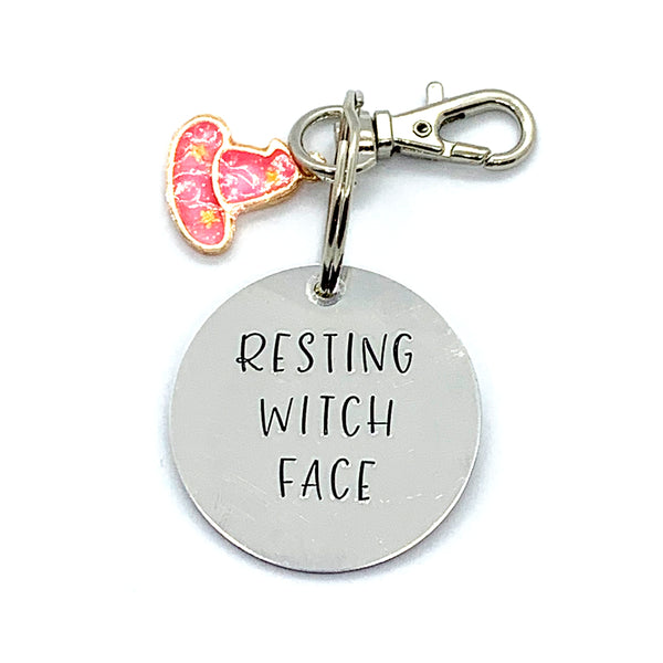 Key Chain - Circle Shape w/ Specialty Tassel - Resting Witch Face