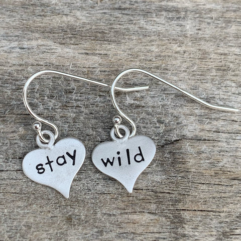 Pair of sterling silver earring - heart shape- “stay wild”