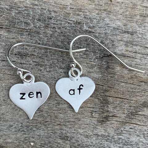 Pair of sterling silver earrings - heart shape - “zen af”
